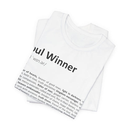 White t-shirt with text design on a white background