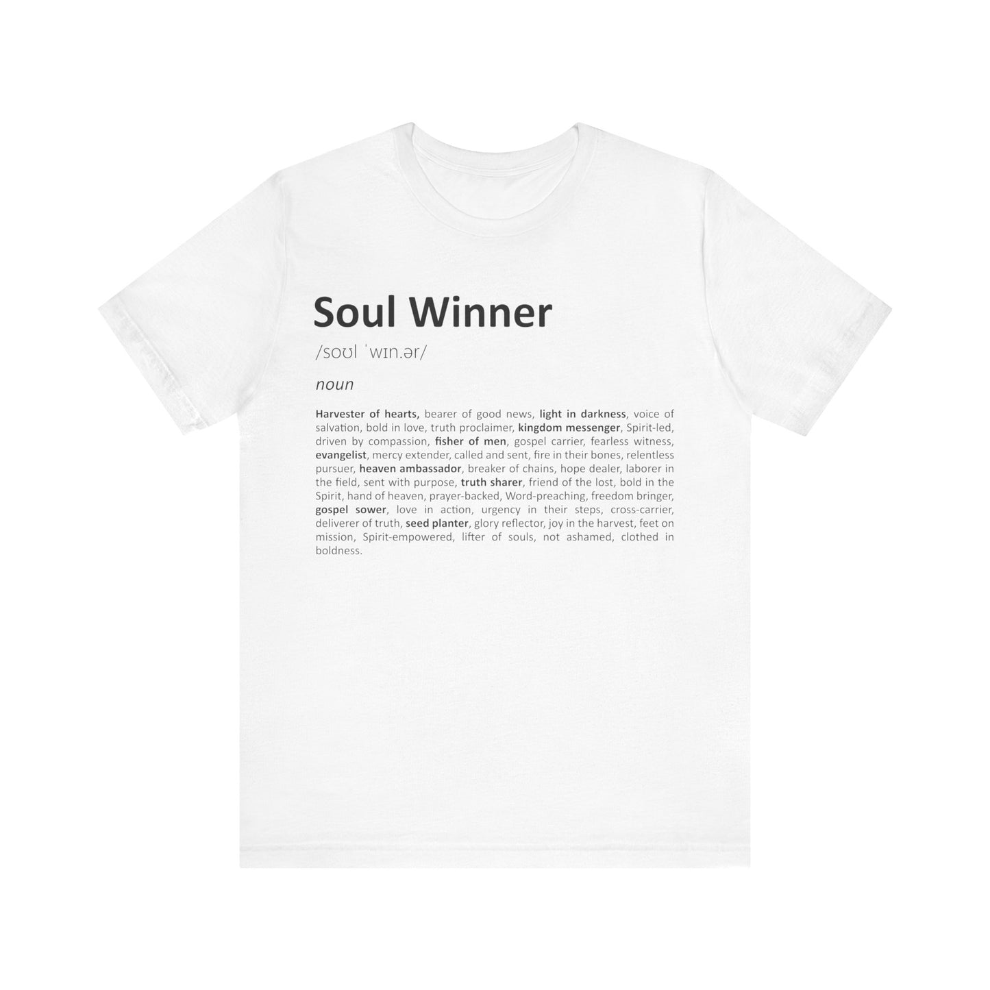 White t-shirt with 'Soul Winner' text and definition on a white background