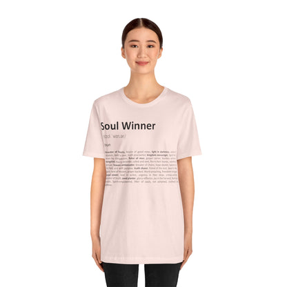 Woman wearing a light pink t-shirt with text on a white background