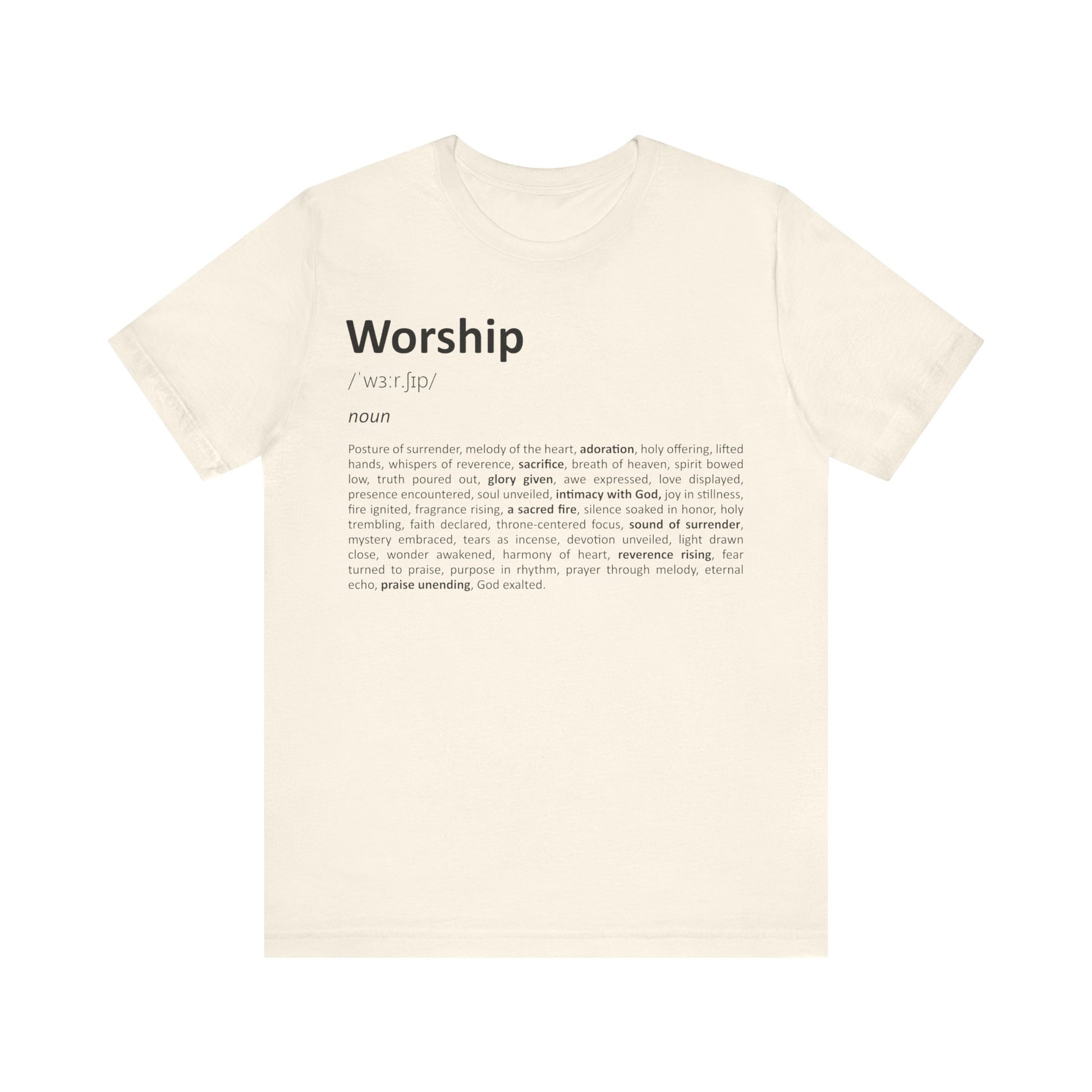 Beige t-shirt with black text on a white background