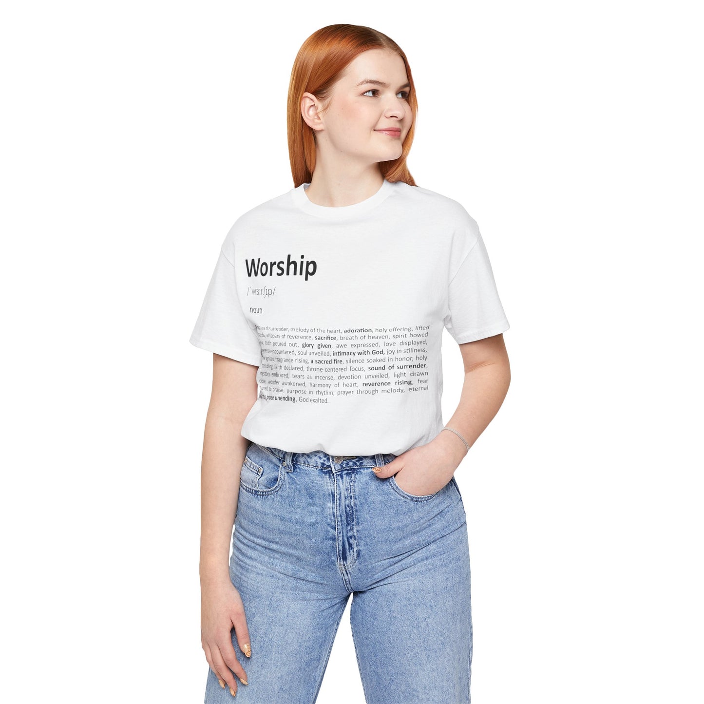 Woman wearing a white t-shirt with text design on a plain background