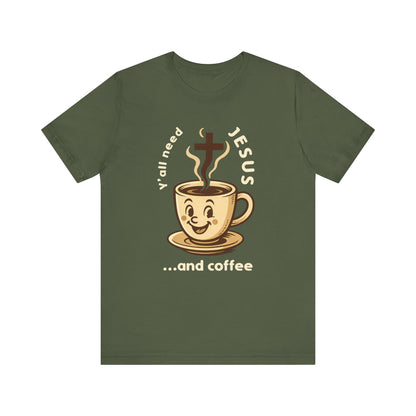Green t-shirt with a coffee cup graphic and text on a white background