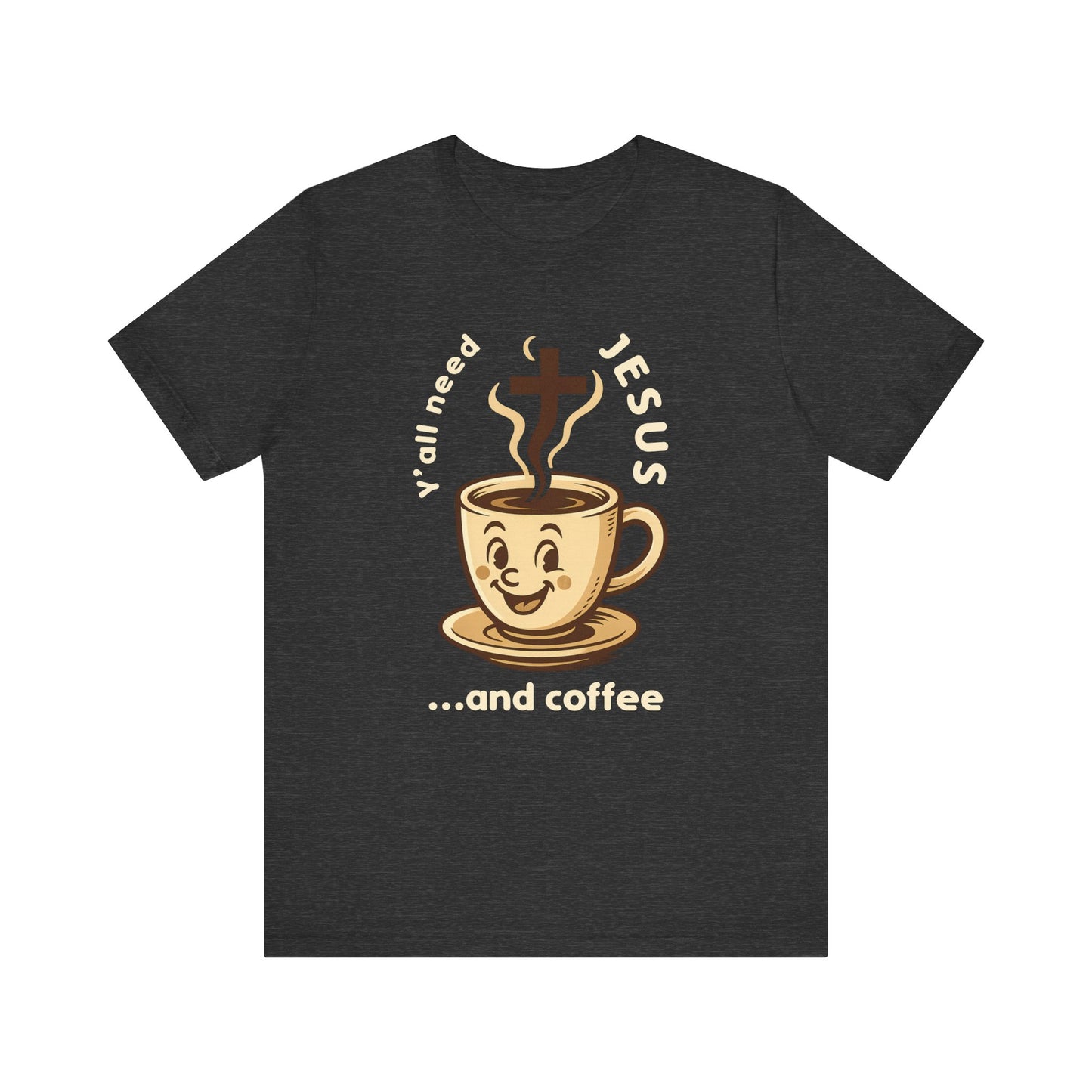 Black t-shirt with a coffee cup graphic and text on a white background