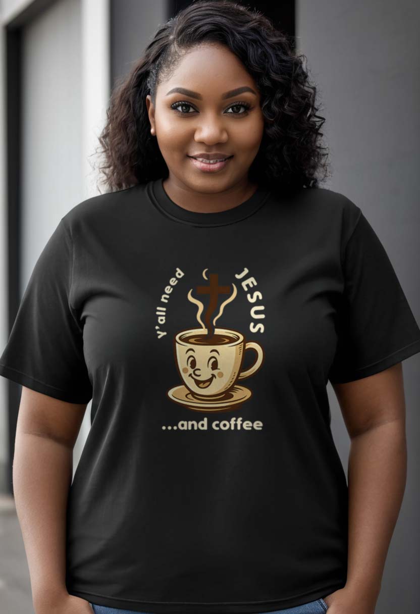 Woman wearing a black t-shirt with a graphic design and text.