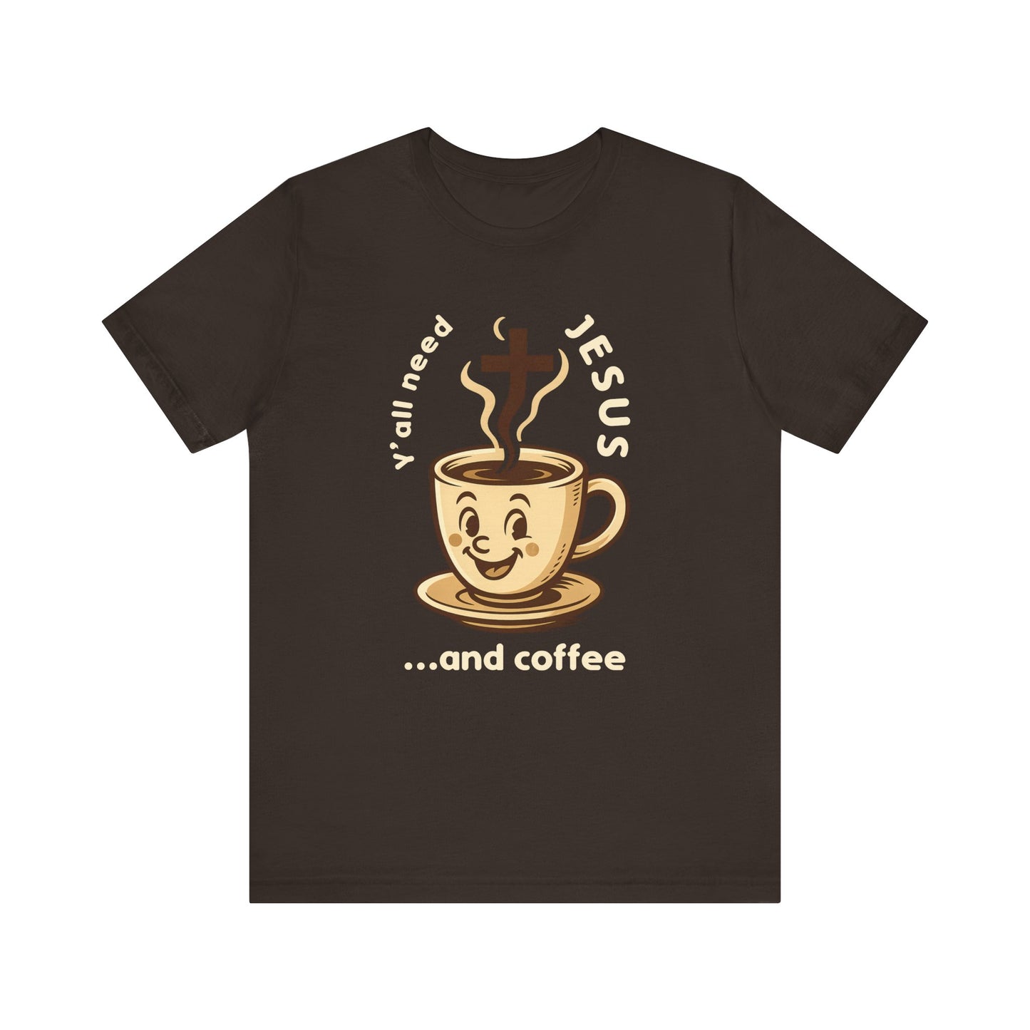 Brown t-shirt with a coffee cup graphic and text on a white background