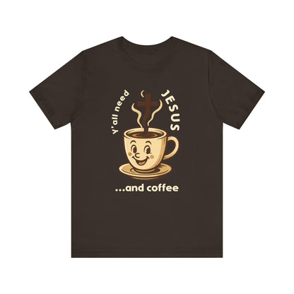 Brown t-shirt with a coffee cup graphic and text on a white background