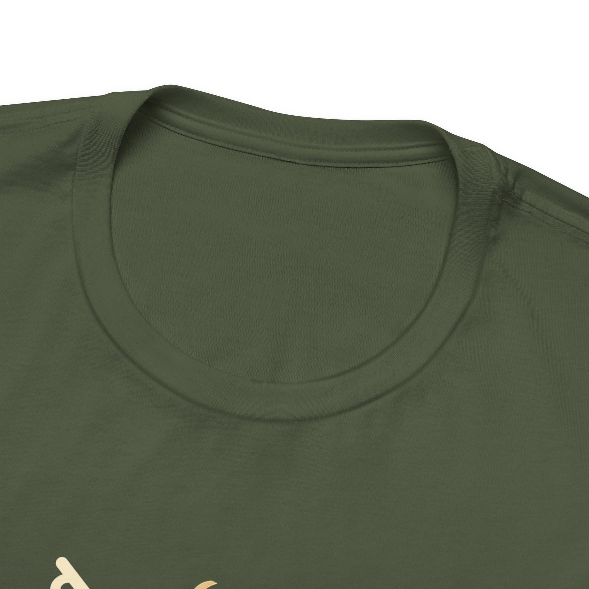Close-up of a green t-shirt with a logo on a white background
