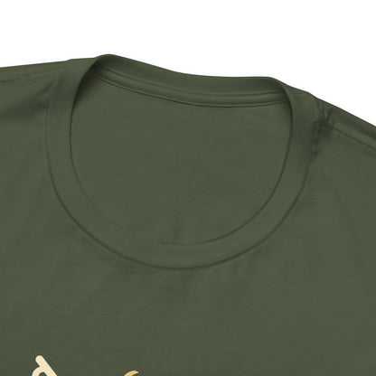 Close-up of a green t-shirt with a logo on a white background
