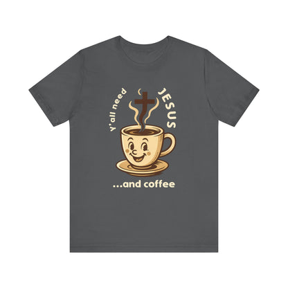 Gray t-shirt with a coffee cup graphic and text on a white background