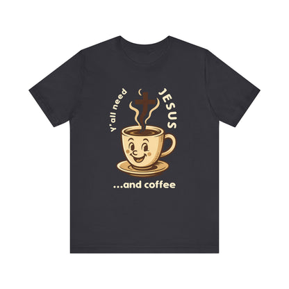 Black t-shirt with a graphic of a coffee cup and text on a white background