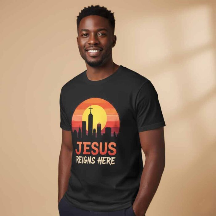 Jesus-reigns-here-black-t-shirt-on-a-young-man