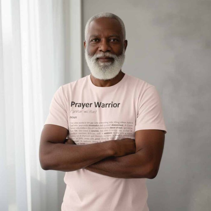 Prayer-Warrior-soft-pink-t-shirt-on-an-elderly-man