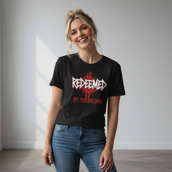 Redeemed by the blood black bold statement t-shirt on a beautiful young woman