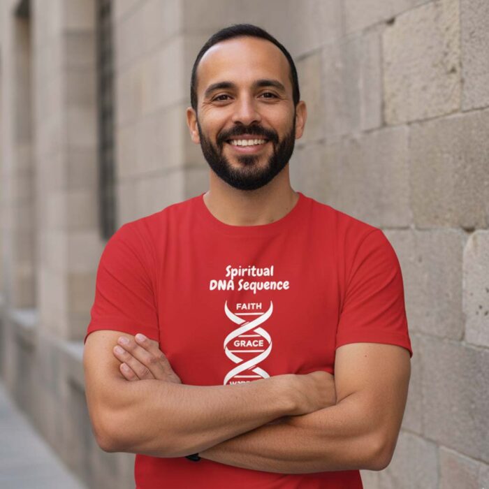 A Young Man Wearing The Red Color Of Spiritual Dna T Shirt By Hemanuel Prints
