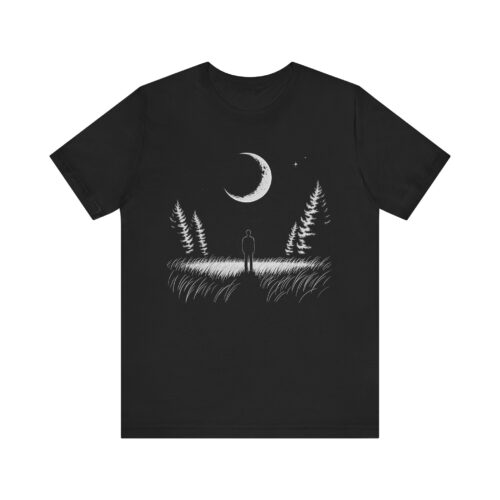 Guided by His Light Christian Faith T-Shirt featuring a lone figure under a moonlit sky symbolizing God’s guidance