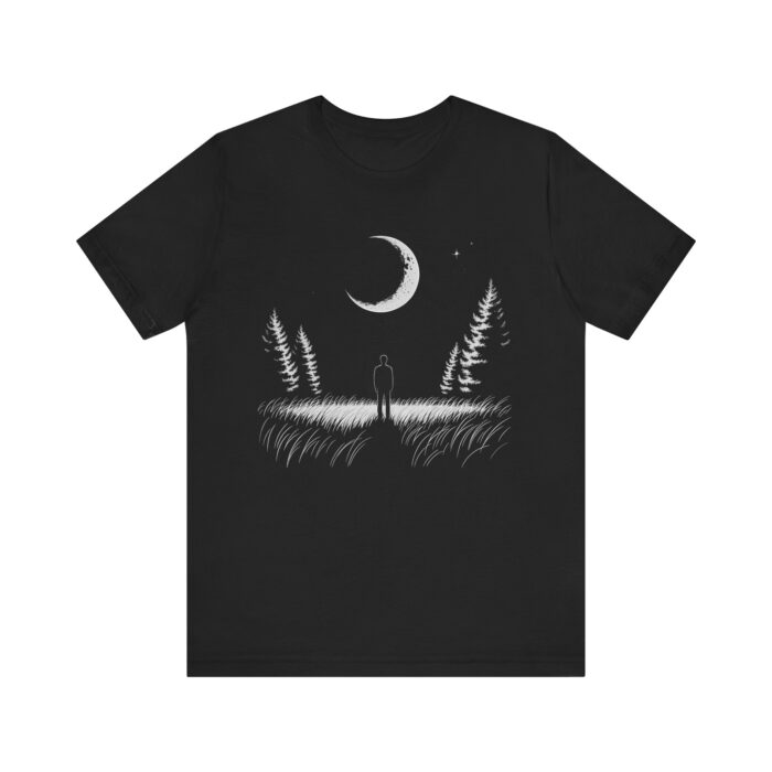 Guided by His Light Christian Faith T-Shirt featuring a lone figure under a moonlit sky symbolizing God’s guidance