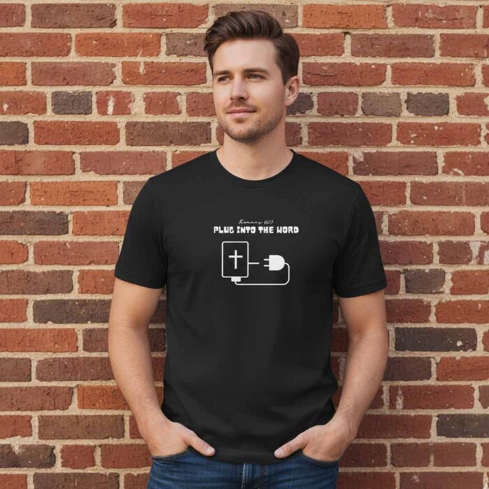 Black-Christian-t-shirt-featuring-plug-and-cross-design-with-Plug-Into-The-Word--text-inspired-by-Romans-10-17-2