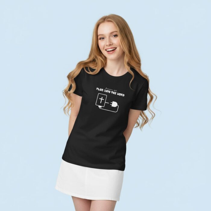Black-Christian-t-shirt-featuring-plug-and-cross-design-with-Plug-Into-The-Word--text-inspired-by-Romans-10-17-3