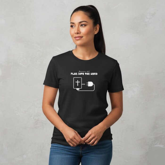 Black-Christian-t-shirt-featuring-plug-and-cross-design-with-Plug-Into-The-Word--text-inspired-by-Romans-10-17