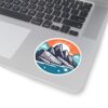 Christian faith sticker featuring Psalm 1211 with mountain illustration and sunrise background - on a laptop