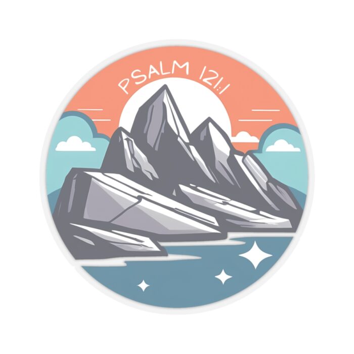 Christian faith sticker featuring Psalm 1211 with mountain illustration and sunrise background - transparent