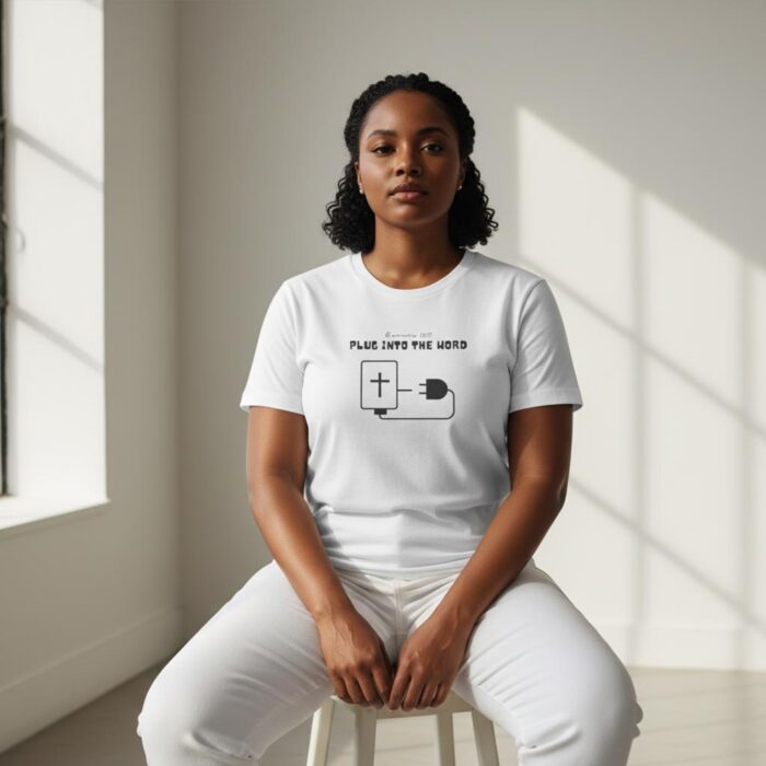 Christian-graphic-tee-featuring-plug-and-cross-design-with-“Plug-Into-The-Word”-text-inspired-by-Romans-1017---3
