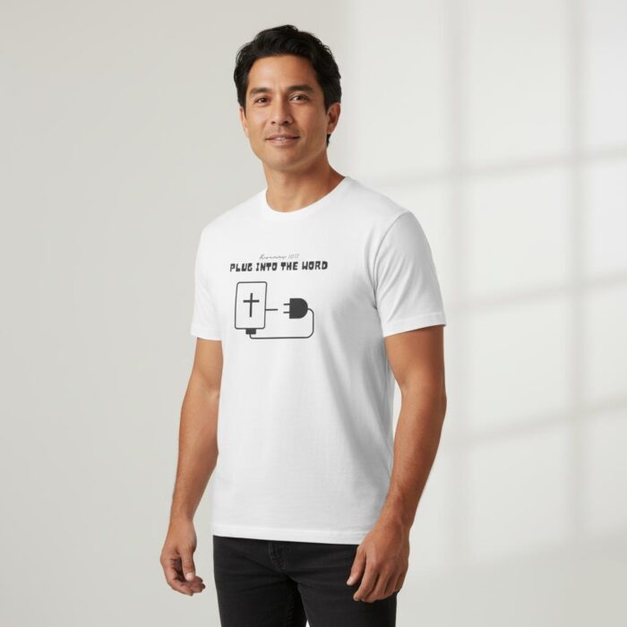Christian-graphic-tee-featuring-plug-and-cross-design-with-“Plug-Into-The-Word”-text-inspired-by-Romans-1017--4