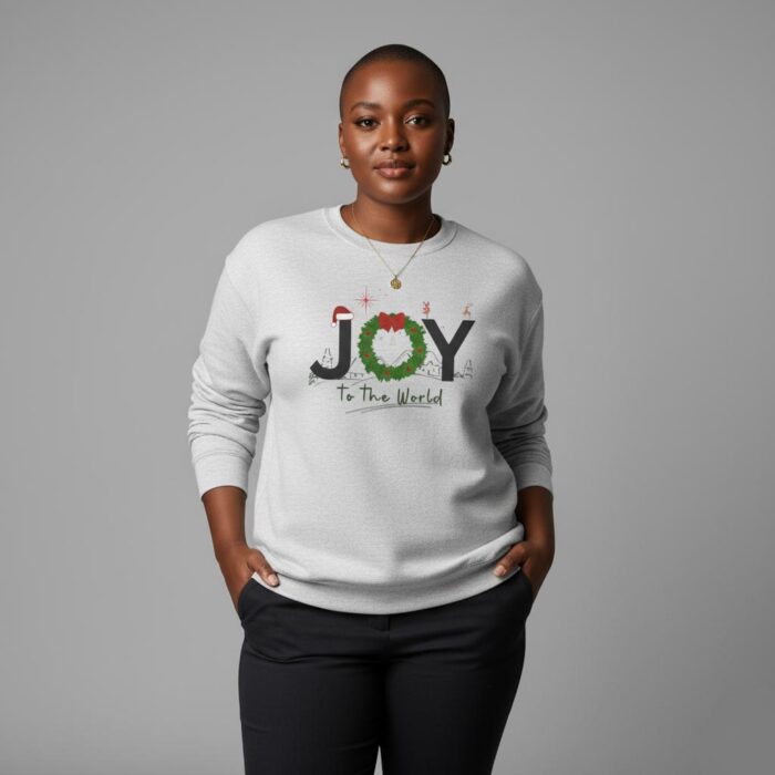 Heather-grey-Joy-to-the-World-Unisex-Christian-Sweatshirt-with-Christmas-wreath-and-festive-typography-design