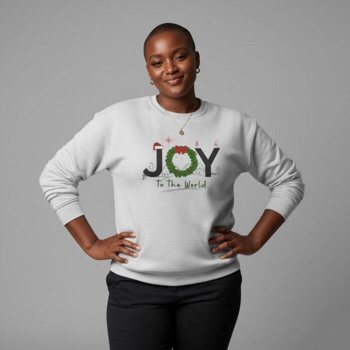 Heather-grey-Joy-to-the-World-Unisex-Christian-Sweatshirt-with-Christmas-wreath-and-festive-typography-design2