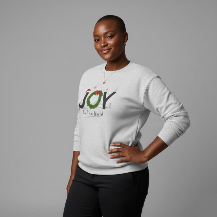 Heather-grey-Joy-to-the-World-Unisex-Christian-Sweatshirt-with-Christmas-wreath-and-festive-typography-design3