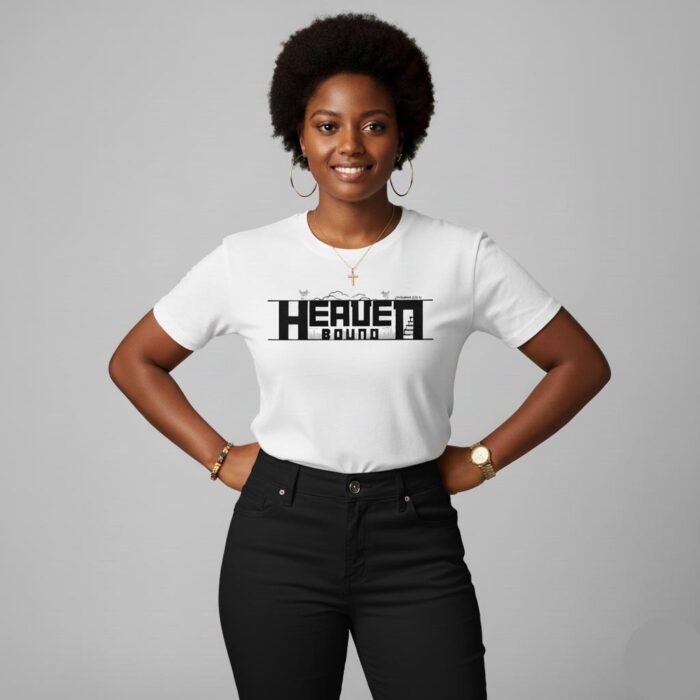 Heaven-Bound-Bold-Christian-Unisex-T-Shirt-white-on-a-beautiful-lady