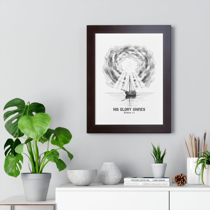 Inspirational Christian wall art featuring a sailboat beneath radiant clouds forming a halo of light, inspired by Nahum 1:3, symbolizing the glory and majesty of God