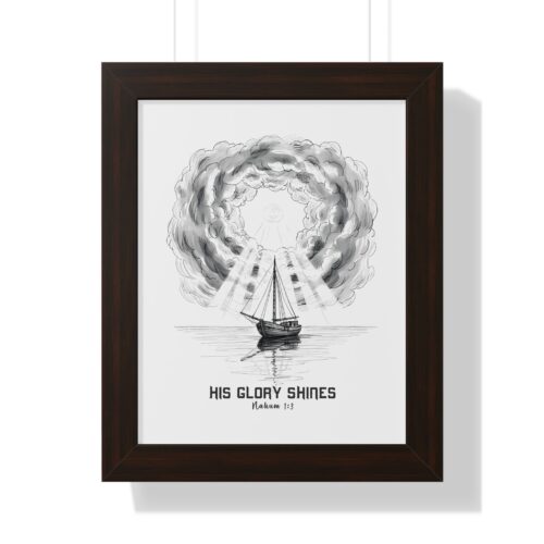 Inspirational Christian wall art featuring a sailboat beneath radiant clouds forming a halo of light, inspired by Nahum 1:3, symbolizing the glory and majesty of God