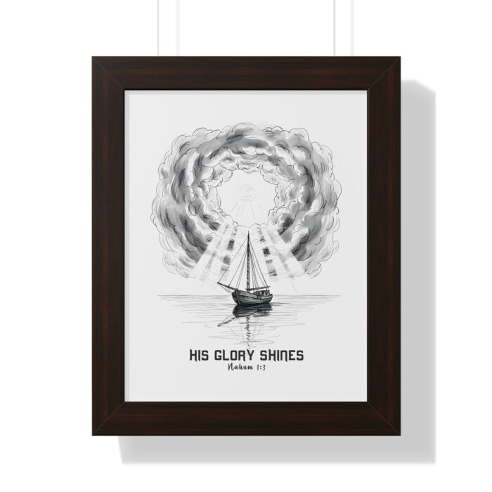 Inspirational Christian wall art featuring a sailboat beneath radiant clouds forming a halo of light, inspired by Nahum 1:3, symbolizing the glory and majesty of God
