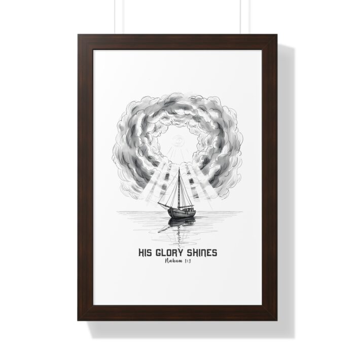 Inspirational Christian wall art featuring a sailboat beneath radiant clouds forming a halo of light, inspired by Nahum 1:3, symbolizing the glory and majesty of God