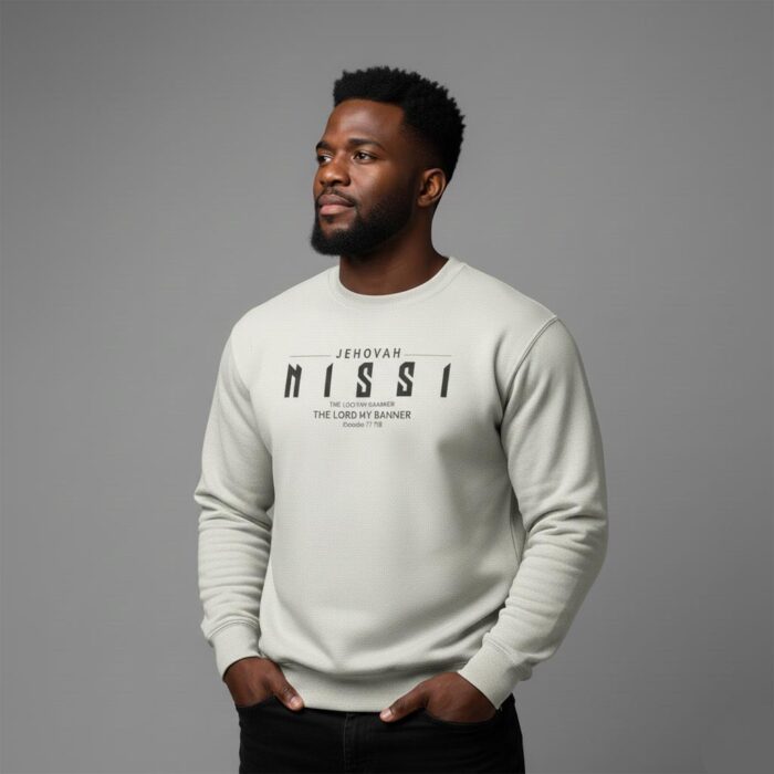 Oatmeal-heather-Jehovah-Nissi-Unisex-Christian-Sweatshirt-with-minimalist-typography-reading-“The-Lord-My-Banner”-design2