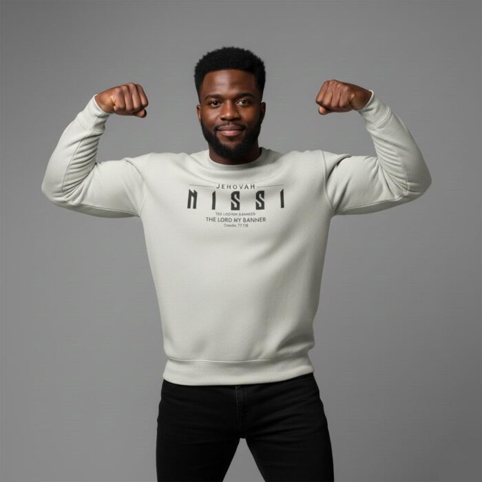 Oatmeal-heather-Jehovah-Nissi-Unisex-Christian-Sweatshirt-with-minimalist-typography-reading-“The-Lord-My-Banner”-design3