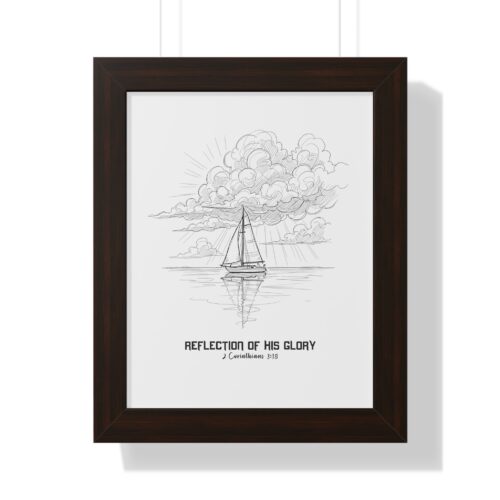 Inspirational Christian wall art featuring a sailboat reflected on calm waters beneath radiant clouds, symbolizing God’s glory — inspired by 2 Corinthians 3:18