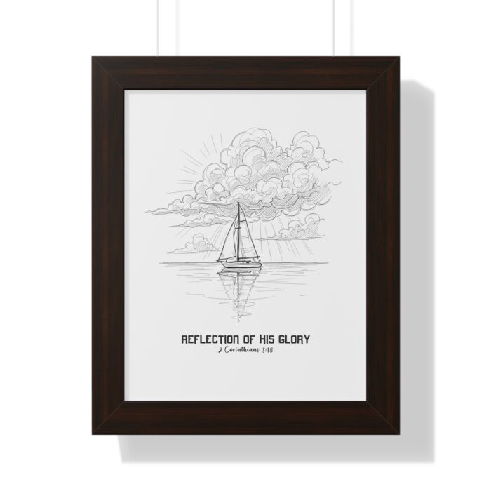 Inspirational Christian wall art featuring a sailboat reflected on calm waters beneath radiant clouds, symbolizing God’s glory — inspired by 2 Corinthians 3:18