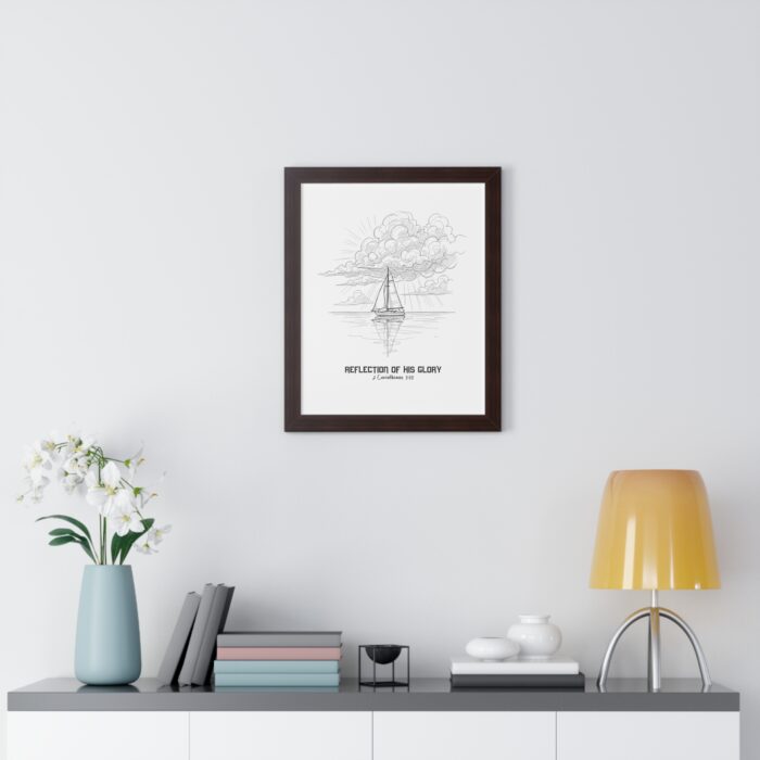 Inspirational Christian wall art featuring a sailboat reflected on calm waters beneath radiant clouds, symbolizing God’s glory — inspired by 2 Corinthians 3:18