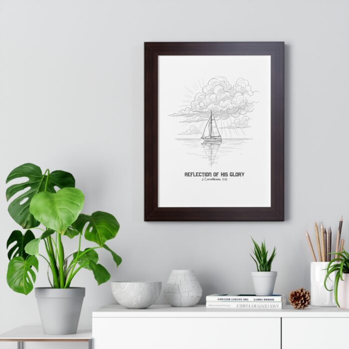 Inspirational Christian wall art featuring a sailboat reflected on calm waters beneath radiant clouds, symbolizing God’s glory — inspired by 2 Corinthians 3:18