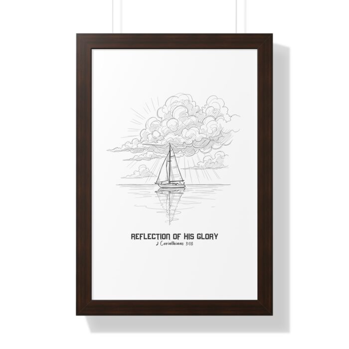 Inspirational Christian wall art featuring a sailboat reflected on calm waters beneath radiant clouds, symbolizing God’s glory — inspired by 2 Corinthians 3:18