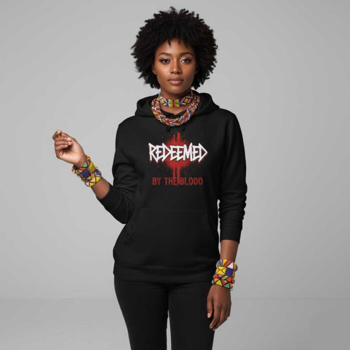 Unisex-Christian-hoodie-featuring-“Redeemed-by-the-Blood”-text-design-with-bold-typography-and-subtle-red-accent-symbolizing-salvation-through-Christ