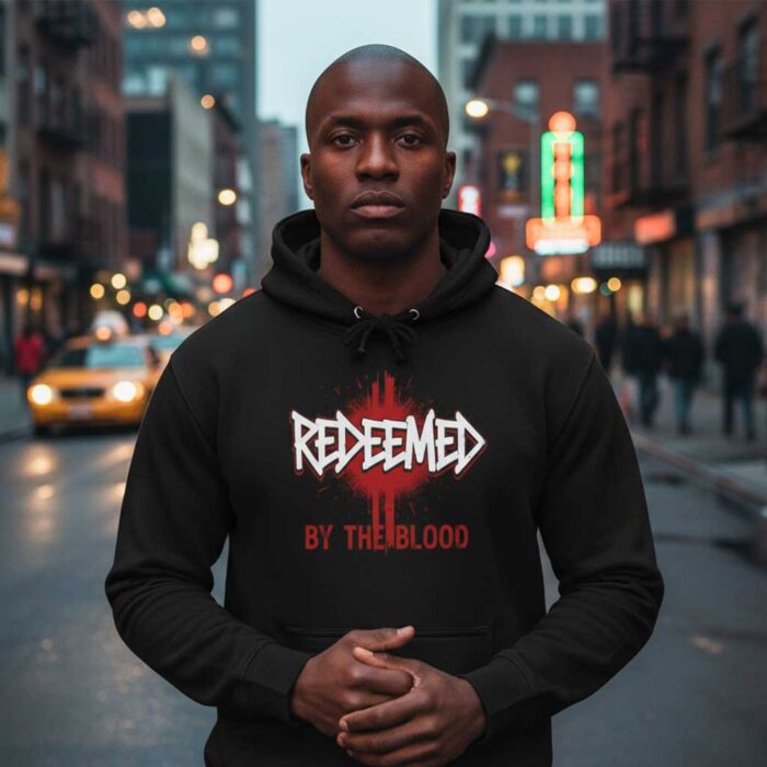 Unisex-Christian-hoodie-featuring-“Redeemed-by-the-Blood”-text-design-with-bold-typography-and-subtle-red-accent-symbolizing-salvation-through-Christ2