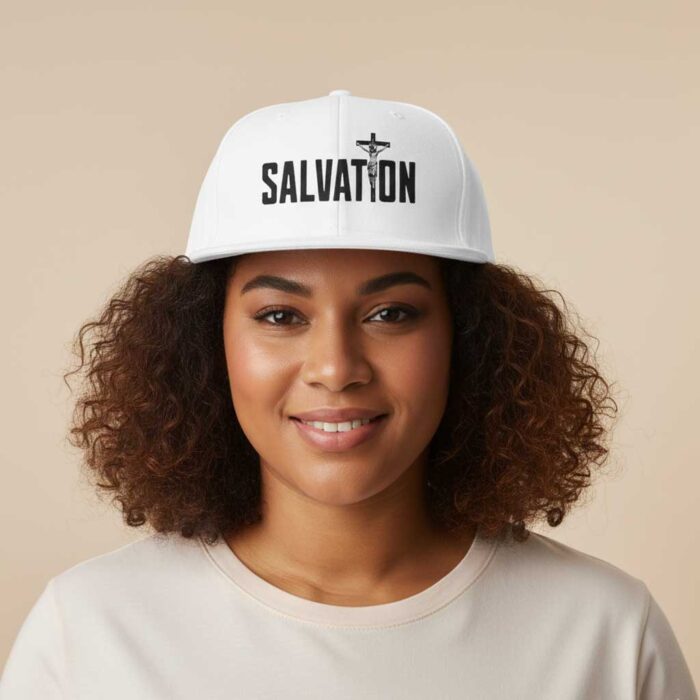 White-Salvation-Unisex-Christian-Snapback-Hat-with-embroidered-crucifix-and-bold-black-faith-lettering-design