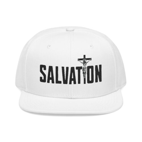 White Salvation Unisex Christian Snapback Hat with embroidered crucifix and bold black faith lettering design