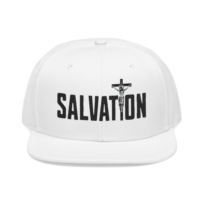 White Salvation Unisex Christian Snapback Hat with embroidered crucifix and bold black faith lettering design